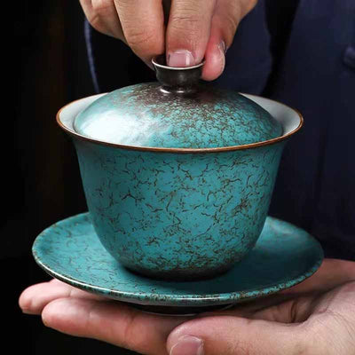 Buddha Stones Traditional Pine Tree Green Ceramic Gaiwan Sancai Teacup Kung Fu Tea Cup And Saucer With Lid Cup BS 11.3cm*9.5cm*150ml