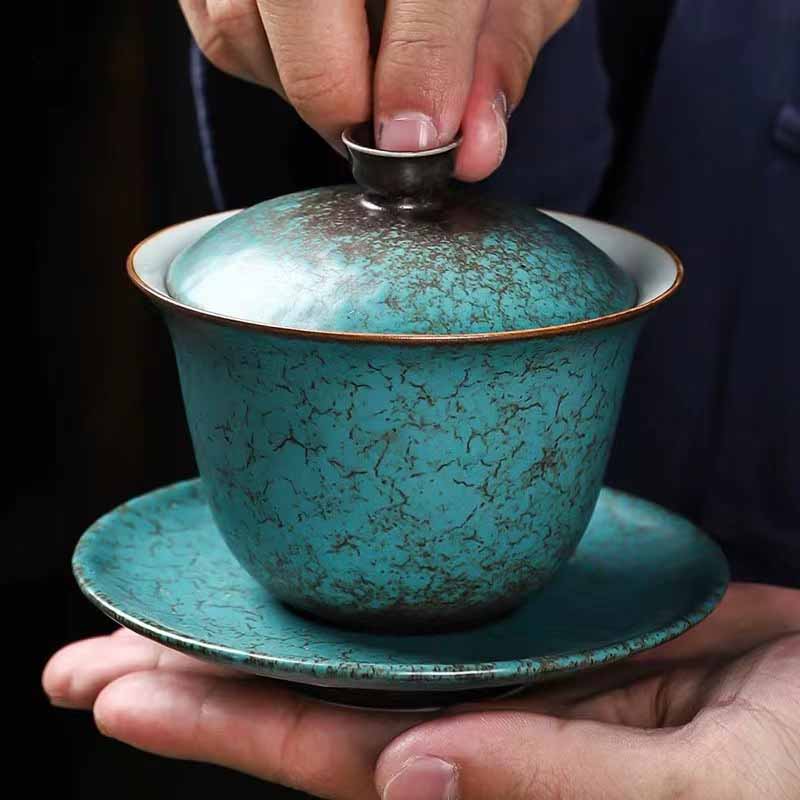 Buddha Stones Traditional Pine Tree Green Ceramic Gaiwan Sancai Teacup Kung Fu Tea Cup And Saucer With Lid Cup BS 11.3cm*9.5cm*150ml