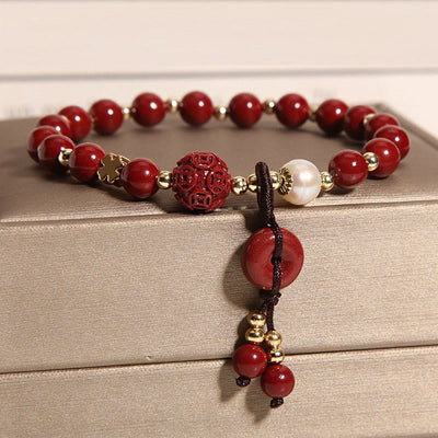 Buddha Stones Natural Cinnabar Peace Buckle Copper Coin Charm Blessing Bracelet Bracelet BS 2