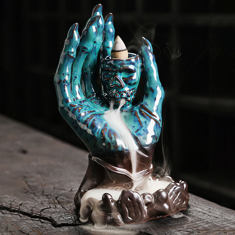 Buddha Stones Halloween Ghost Hand Skull Head Ceramic Peace Healing Incense Burner Decoration Incense Burner BS 7