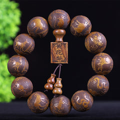Foviel Chinese Zodiac Rosewood Ebony Copper Coin PiXiu Carved Warmth Bracelet