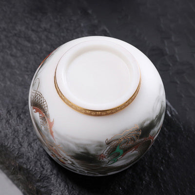 Buddha Stones Dragon Gilt Gourd Ceramic White Porcelain Teacup Kung Fu Tea Cup 160ml Cup BS 4