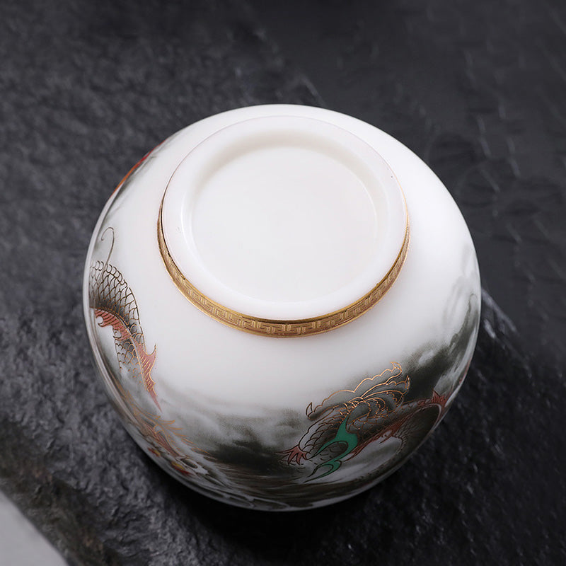 Buddha Stones Dragon Gilt Gourd Ceramic White Porcelain Teacup Kung Fu Tea Cup 160ml Cup BS 4