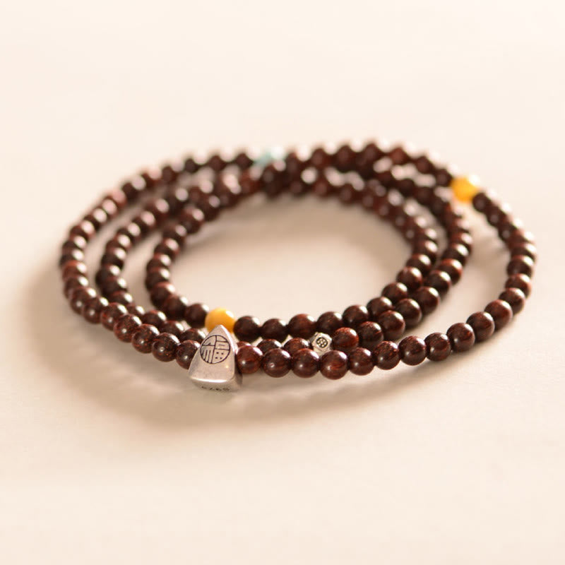 Foviel 925 Sterling Silber Indisches Blatt Rot Sandelholz Fu Charakterschutz Dreifach-Wrap-Armband
