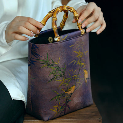 Buddha Stones Purple Magpie Birds Branches Bamboo Handles Handbag Handbags BS 15