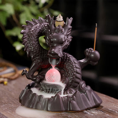 Buddha Stones Auspicious Dragon Ceramic Backflow Smoke Fountain Meditation Healing Incense Burner Led Ball Decoration Incense Burner BS 1