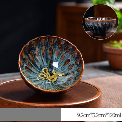 Buddha Stones Lotus Peacock Dragon Phoenix Koi Fish Ceramic Teacup Inlaid Tea Cups 120ml - Gold - Phoenix - image 14