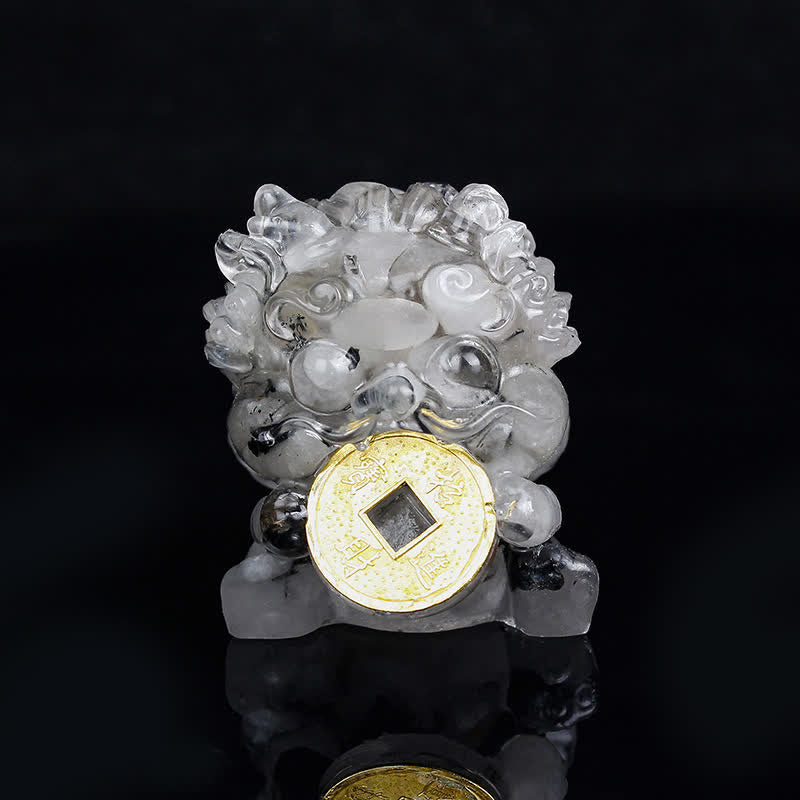 Buddha Stones Handmade Cute PiXiu Gold Coin Crystal Fengshui Energy Wealth Fortune Home Decoration Decorations BS Black Rutilated Quartz