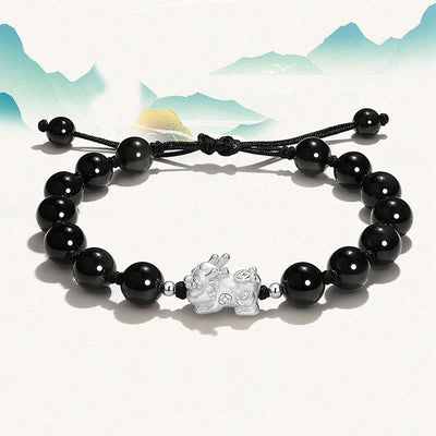 Buddha Stones Natural Black Obsidian Cat's Eye Pink Crystal PiXiu Strength Bracelet Bracelet BS Black Obsidian PiXiu(Wrist Circumference 15-16cm)