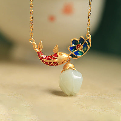 Buddha Stones 925 Sterling Silver White Jade Koi Fish Lotus Protection Necklace Pendant Necklaces & Pendants BS 1