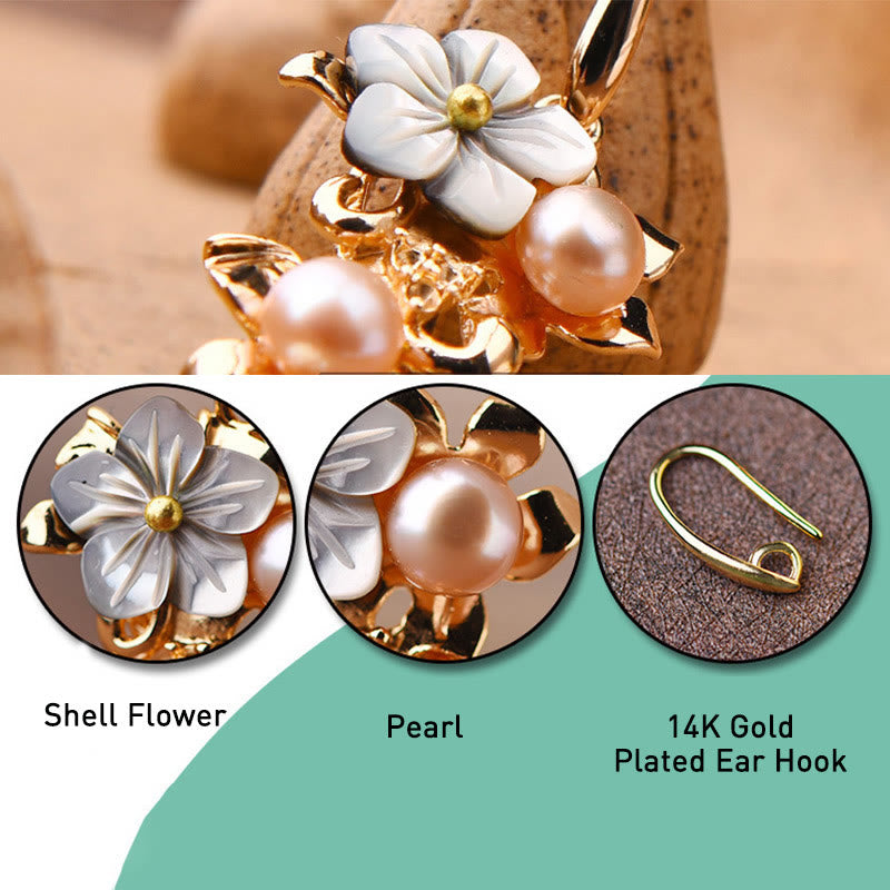Buddha Stones 14K Gold Plated Tridacna Stone Flower Pearl Green Aventurine Bead Drop Earrings Earrings BS 4