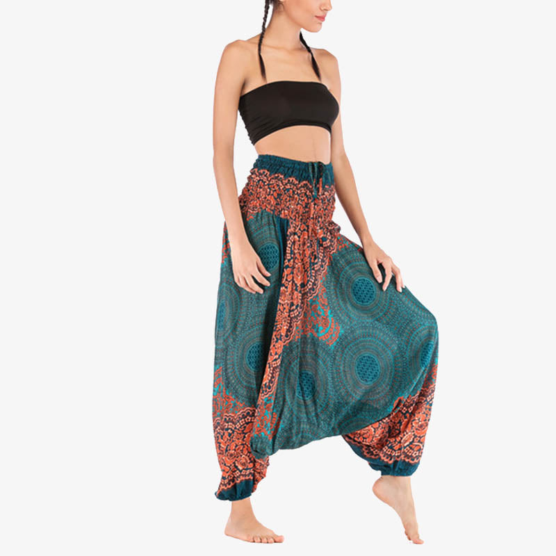Buddha Stones Two Style Wear Round Geometric Pattern Loose Smocked Harem Trousers Jumpsuit High Waist Women's Yoga Pants Harem Pants&Bodysuit BS 22