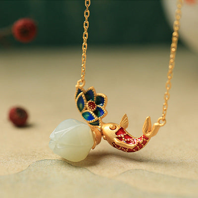 Buddha Stones 925 Sterling Silver White Jade Koi Fish Lotus Protection Necklace Pendant Necklaces & Pendants BS 2