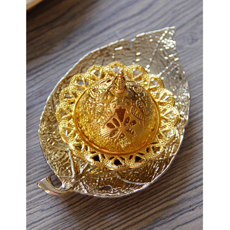 Buddha Stones Tibetan Gold Mini Leaf Coaster Meditation Incense Burner Incense Burner BS 21