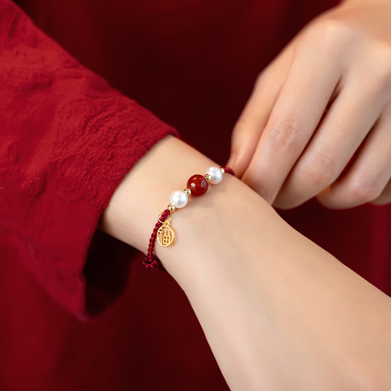 Buddha Stones 925 Sterling Silver Good Fortune Fu Character Agate Pearl Red String Braid Bracelet - image 12