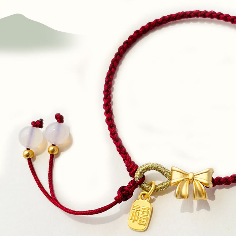 Buddha Stones Handmade Peach Blossom Rosette Bow Knot Fu Character Charm Luck Fortune Red Rope Bracelet Bracelet BS 6