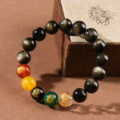 Buddha Stones Gold Sheen Obsidian Rainbow Obsidian Black Obsidian Five Directions Gods of Wealth Bracelet Bracelet BS 2