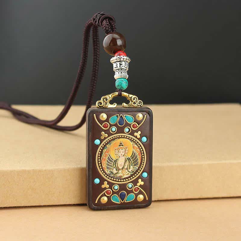 Buddha Stones Tibet God of Wealth Thangka Ebony Peace Necklace Pendant Necklaces & Pendants BS 10