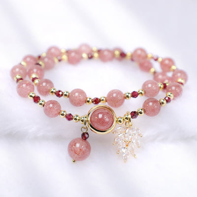 Foviel Natural Strawberry Quartz Love Healing Maple Leaf Charm Double Wrap Bracelet