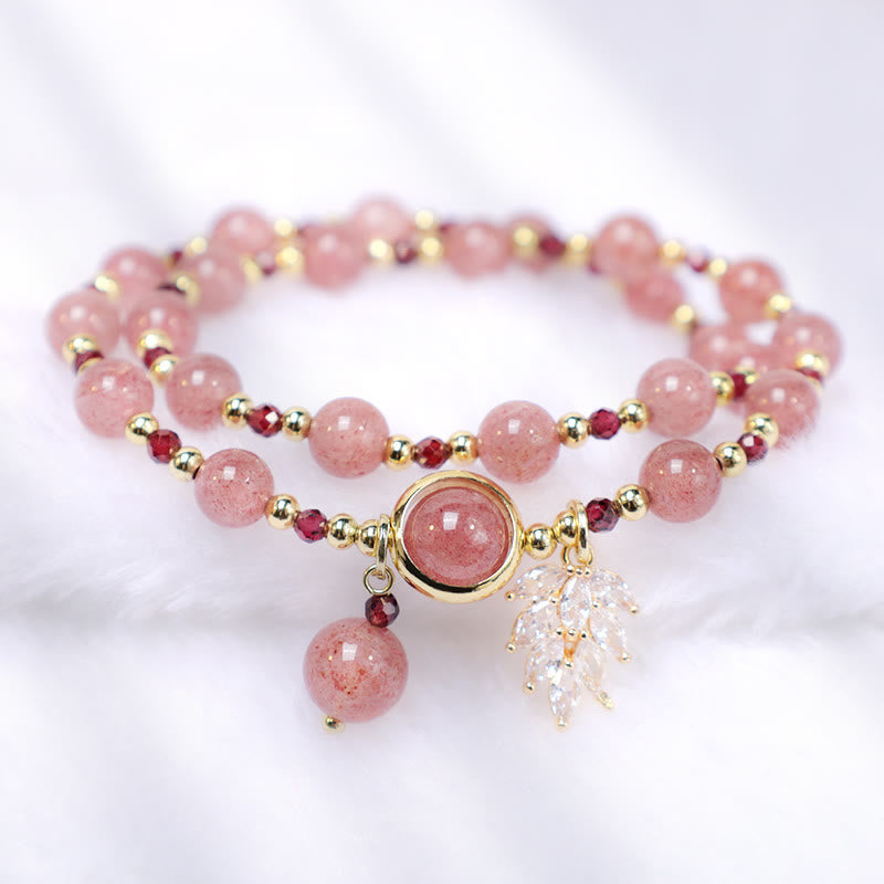 Foviel Natural Strawberry Quartz Love Healing Maple Leaf Charm Double Wrap Bracelet