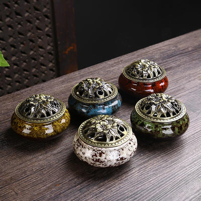 Buddha Stones Flower Pattern Ceramic Blessing Meditation Incense Burner Decoration Decorations Incense Burner BS 1