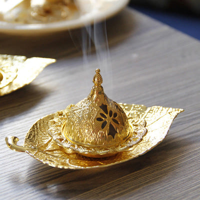 Buddha Stones Tibetan Gold Mini Leaf Coaster Meditation Incense Burner Incense Burner BS 7