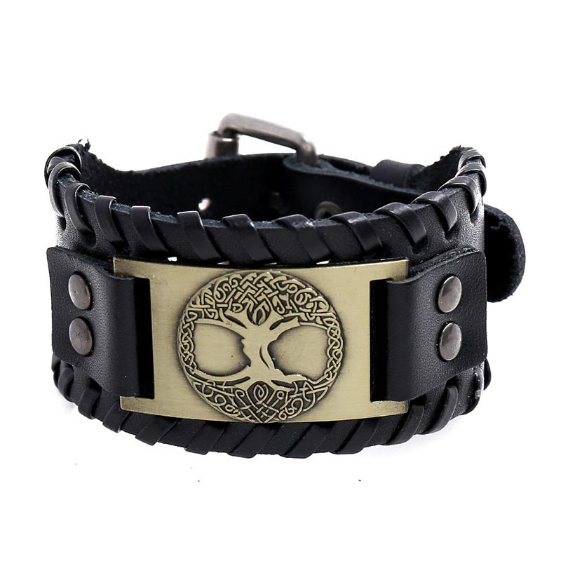 Buddha Stones Lucky Tree Of Life Balance Leather Bracelet Bracelet BS Golden
