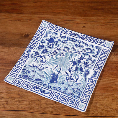 Buddha Stones Crane Phoenix Dragon Kirin Embroidered Cup Mat Pad Tea Cup Coaster Square Kung Fu Tea Mat Tea Mat BS Blue And White Crane