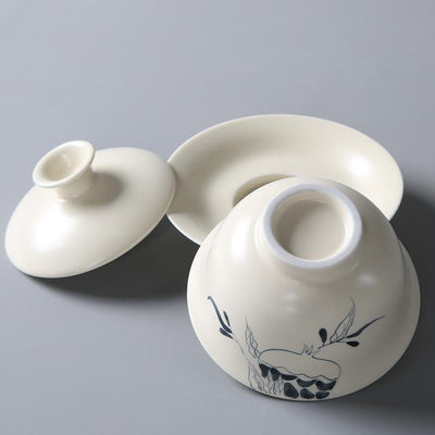 Buddha Stones Hand Painted Pomegranate Hibiscus Pine Lotus Ceramic Gaiwan Sancai Teacup Kung Fu Tea Cup And Saucer With Lid Cup BS 2
