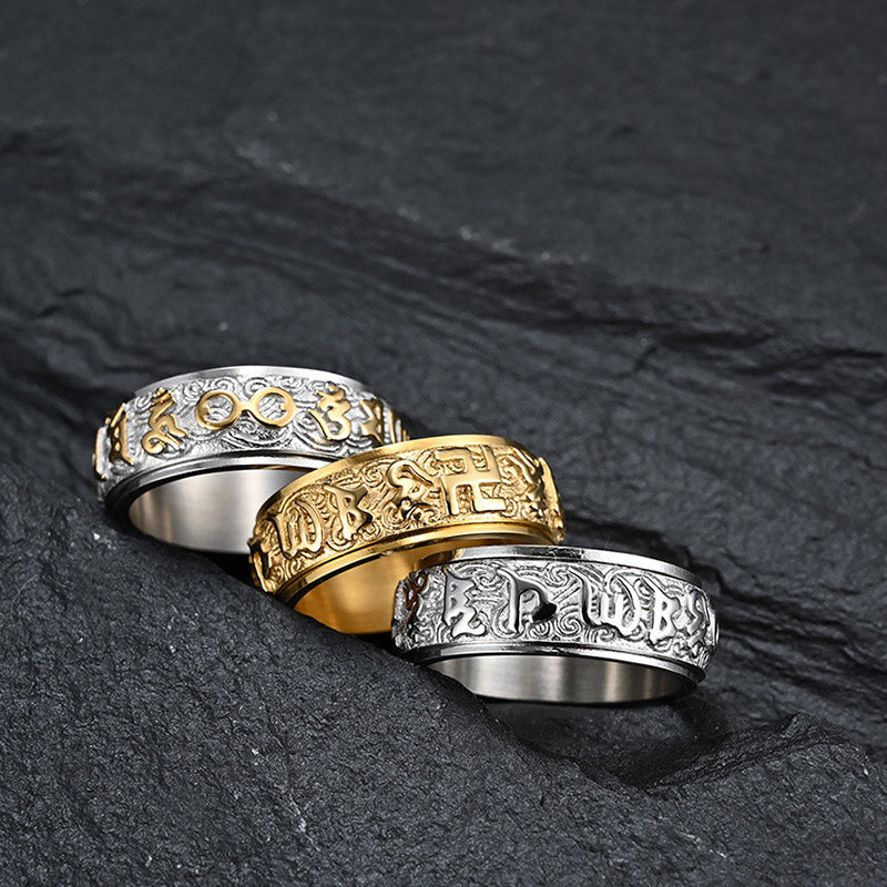 Buddha Stones Om Mani Padme Hum Balance Calm Titanium Steel Ring - image 1