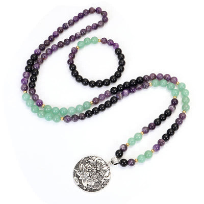Buddha Stones 108 Mala Beads Amethyst Green Aventurine Lotus Meditation Bracelet - image 14