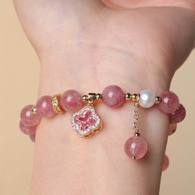 Foviel Strawberry Quartz Pearl Four Leaf Clover Charm Healing Bracelet