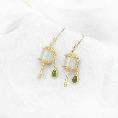 Buddha Stones 925 Sterling Silver Jade Prayer Wheel Luck Drop Earrings Earrings BS 7