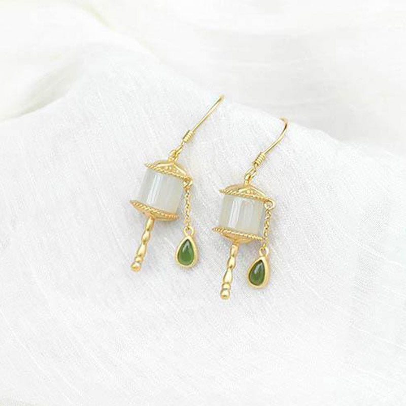 Buddha Stones 925 Sterling Silver Jade Prayer Wheel Luck Drop Earrings Earrings BS 7