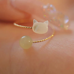 Buddha Stones Tridacna Stone Cat Head Jade Bead Blessing Ring Ring BS Tridacna Stone