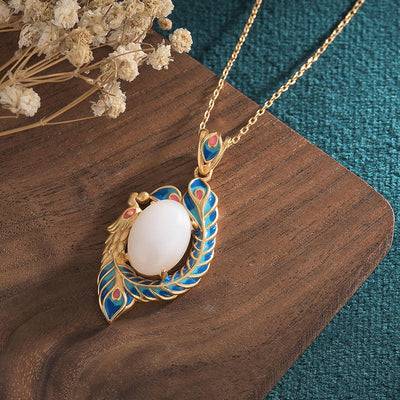 Buddha Stones White Jade Peacock Copper Blessing Necklace Pendant Necklaces & Pendants BS 2