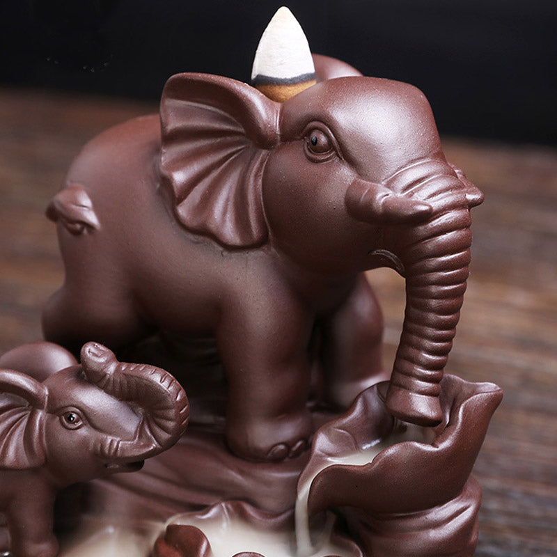 Buddha Stones Tibetan Elephant Purple Clay Backflow Smoke Fountain Protection Incense Burner Decoration Incense Burner BS 3