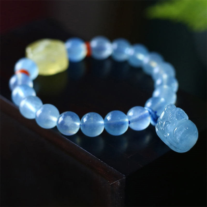 Buddha Stones Natural Aquamarine Amber Pixiu Peace Healing Charm Bracelet Bracelet BS 5