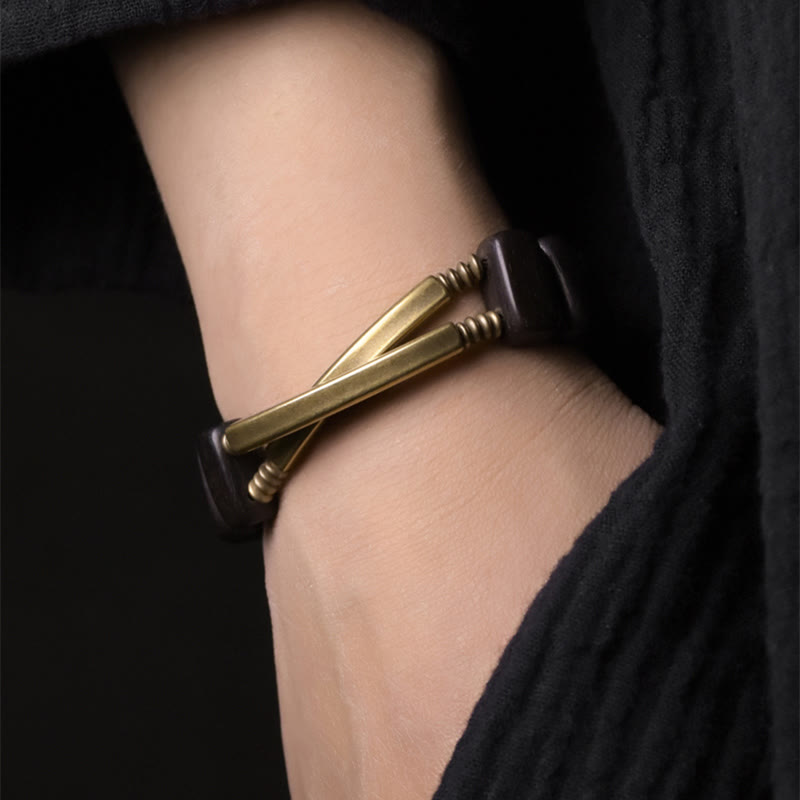 Buddha Stones Tibetan Ebony Wood Brass Copper Balance Double Layer Bracelet - image 3