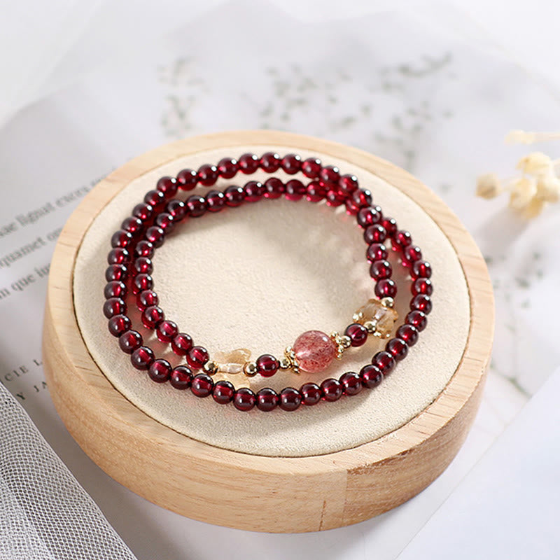 Buddha Stones 14K Gold Plated Natural Garnet Strawberry Quartz Butterfly Protection Double Wrap Bracelet Bracelet BS 8