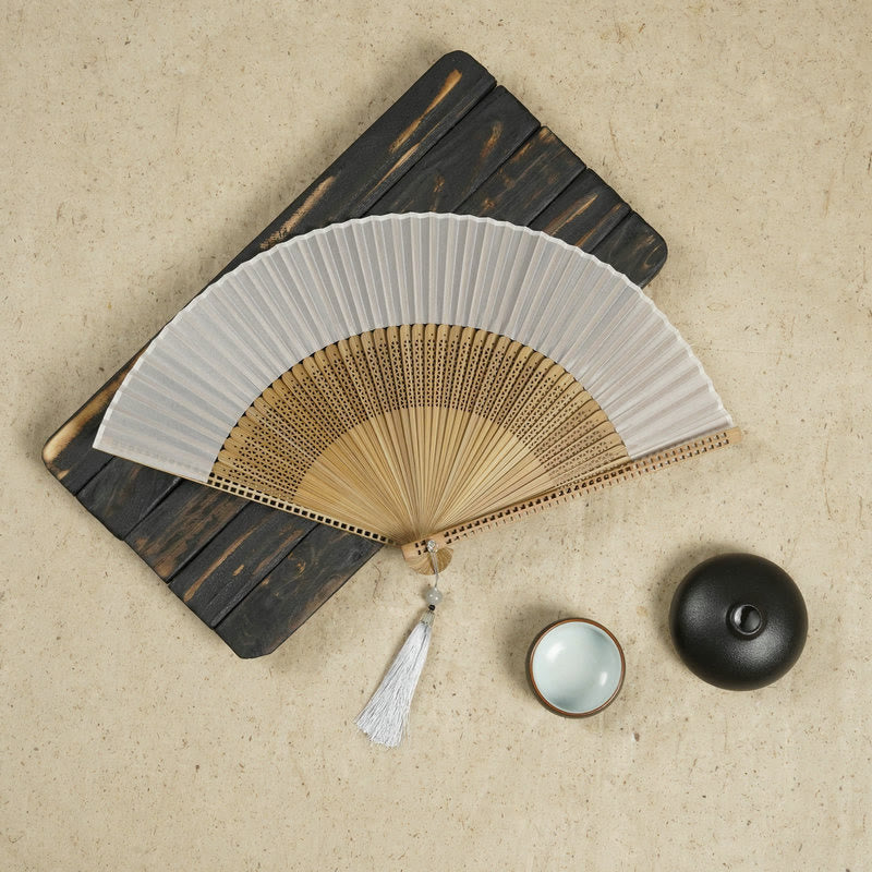Buddha Stones Vintage Handheld Folding Fan With Bamboo Frames Folding Fan BS White
