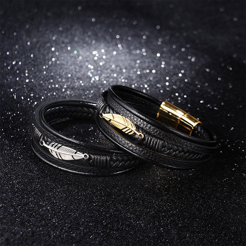 Buddha Stones Feather Pattern Multilayer Leather Titanium Steel Calm Braided Magnetic Buckle Bracelet Bracelet BS 6