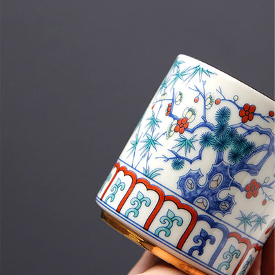 Buddha Stones Vintage Plum Blossom Pine Bamboo Phoenix Kirin Lion Dancing Ceramic Teacup Tea Cups Cup BS 3