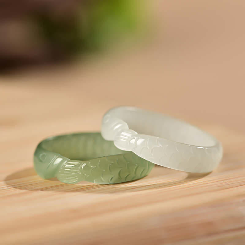 Foviel Hetian White Jade Cyan Jade Koi Fish Success Luck Ring
