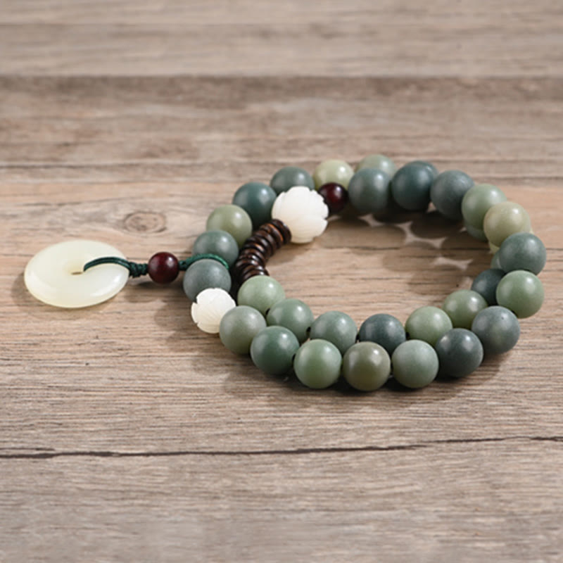 Buddha Stones Cyan Bodhi Seed Lotus Jade Peace Buckle Wisdom Double Wrap Bracelet Mala Bracelet BS 9