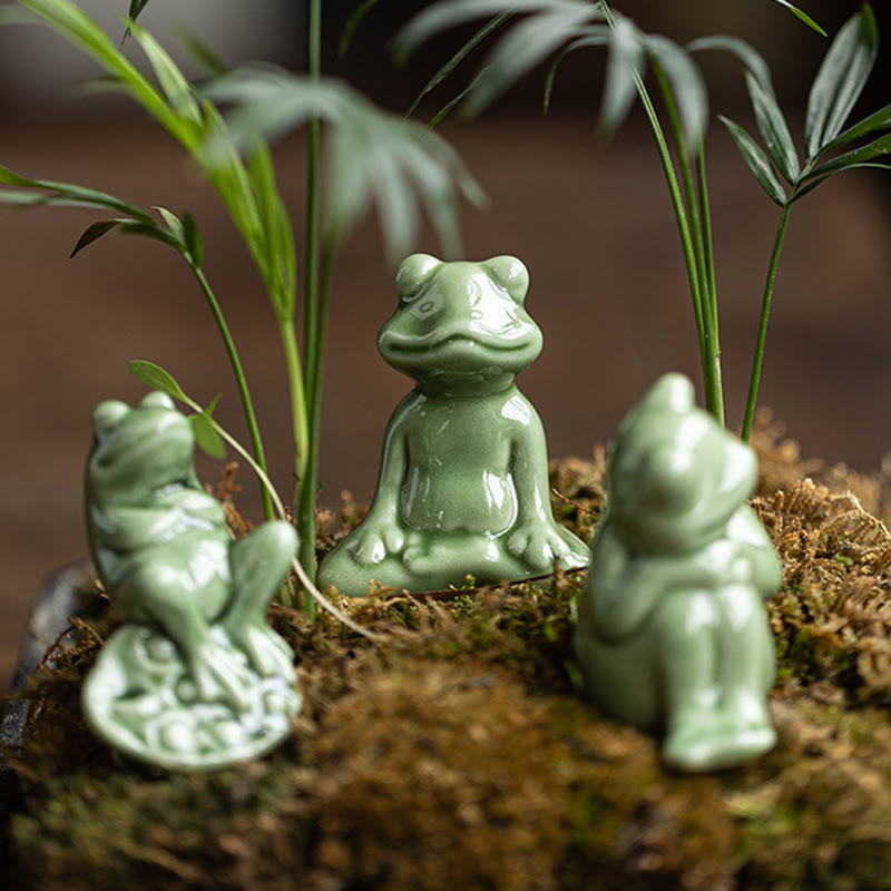 Buddha Stones Mini Small Meditation Lotus Resting Frog Ceramic Wealth Luck Home Tea Pet Figurine Decoration Decorations BS 16
