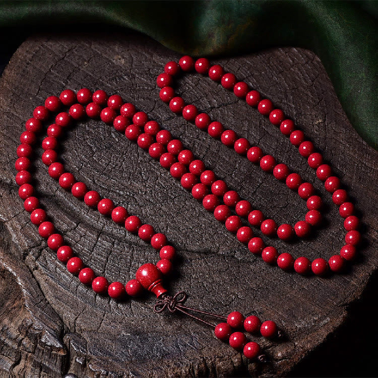 Buddha Stones 108 Mala Beads Cinnabar Om Mani Padme Hum Pattern Engraved Blessing Bracelet Mala Bracelet BS 8mm*108 Round Beads