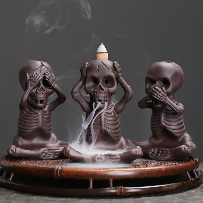 Buddha Stones Little Skull Ghost Purple Clay Backflow Smoke Fountain Peace Incense Burner Decoration Incense Burner BS 3Pcs Little Ghost(Don't Look&Don't Speak&Don't Listen)
