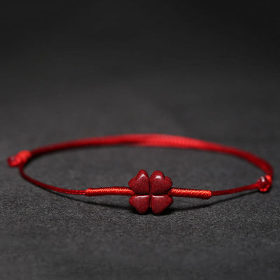 Buddha Stones Handmade Plum Blossom Four Leaf Clover PiXiu Lotus Koi Fish Cinnabar Blessing Braid Bracelet Bracelet BS Red(Wrist Circumference 14-19cm) Four Leaf Clover