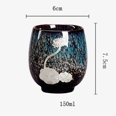 Buddha Stones Silver Lotus Flower Leaf Chinese Jianzhan Ceramic Teacup Kung Fu Tea Cup 150ml Jian Zhan Tea Cup BS 6